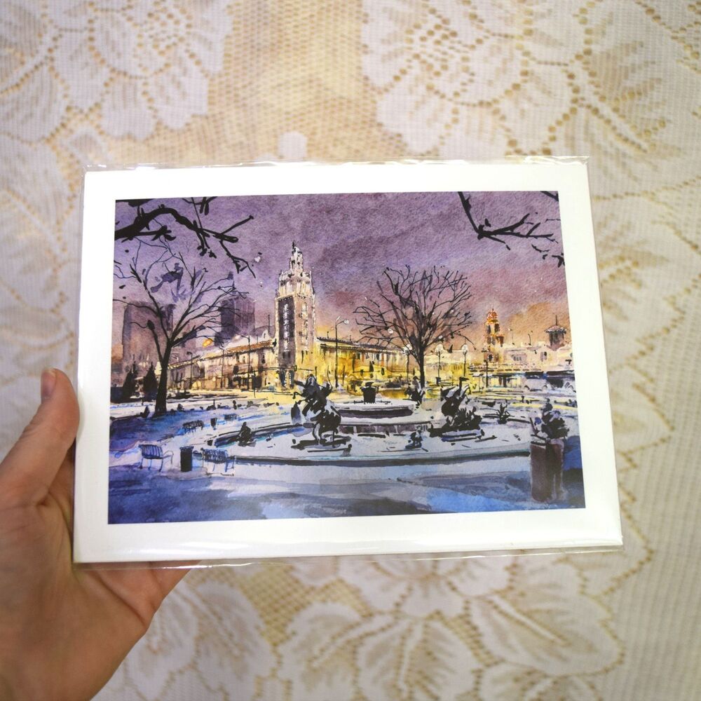 Steven Dragan Kansas City Fine Art Plaza Lights Watercolor Print 5"x7" Architect